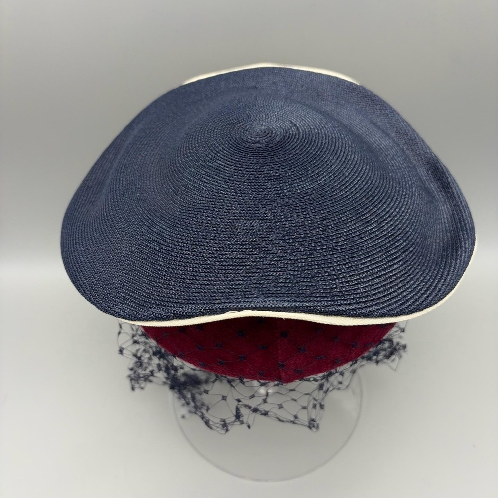 Vintage L.S. Ayres & Co Fascinator Hat Womens One Size Blue Straw Veil Net 50s - Picture 2 of 8